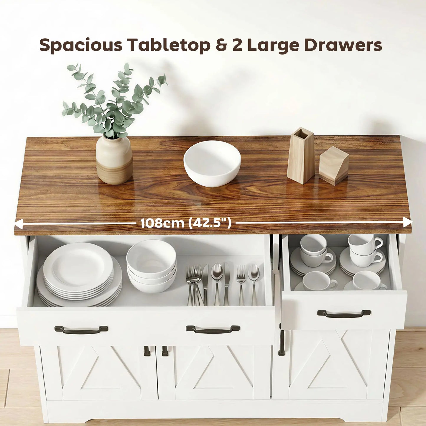 43" Sideboard Buffet Cabinet, 3 Barn Doors, 2 Drawers, White Bar Cabinets at Gallery Canada