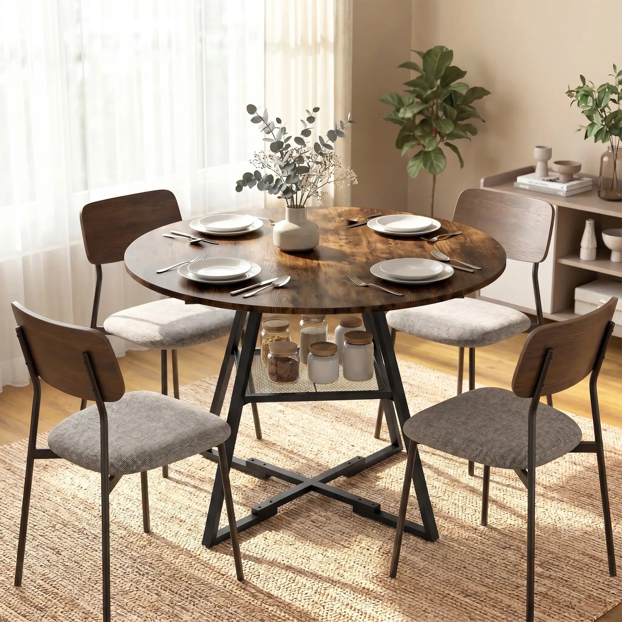 39.4 Inch Round Dining Table For 4, Metal Storage Shelf, Rustic Brown Dining Tables at Gallery Canada