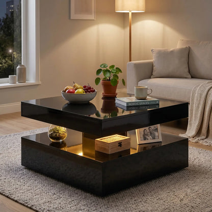LED Coffee Table with Storage, 2-Tier Modern Center Table with Open Shelf and Remote for Living Room, High Gloss Black Coffee Tables at Gallery Canada