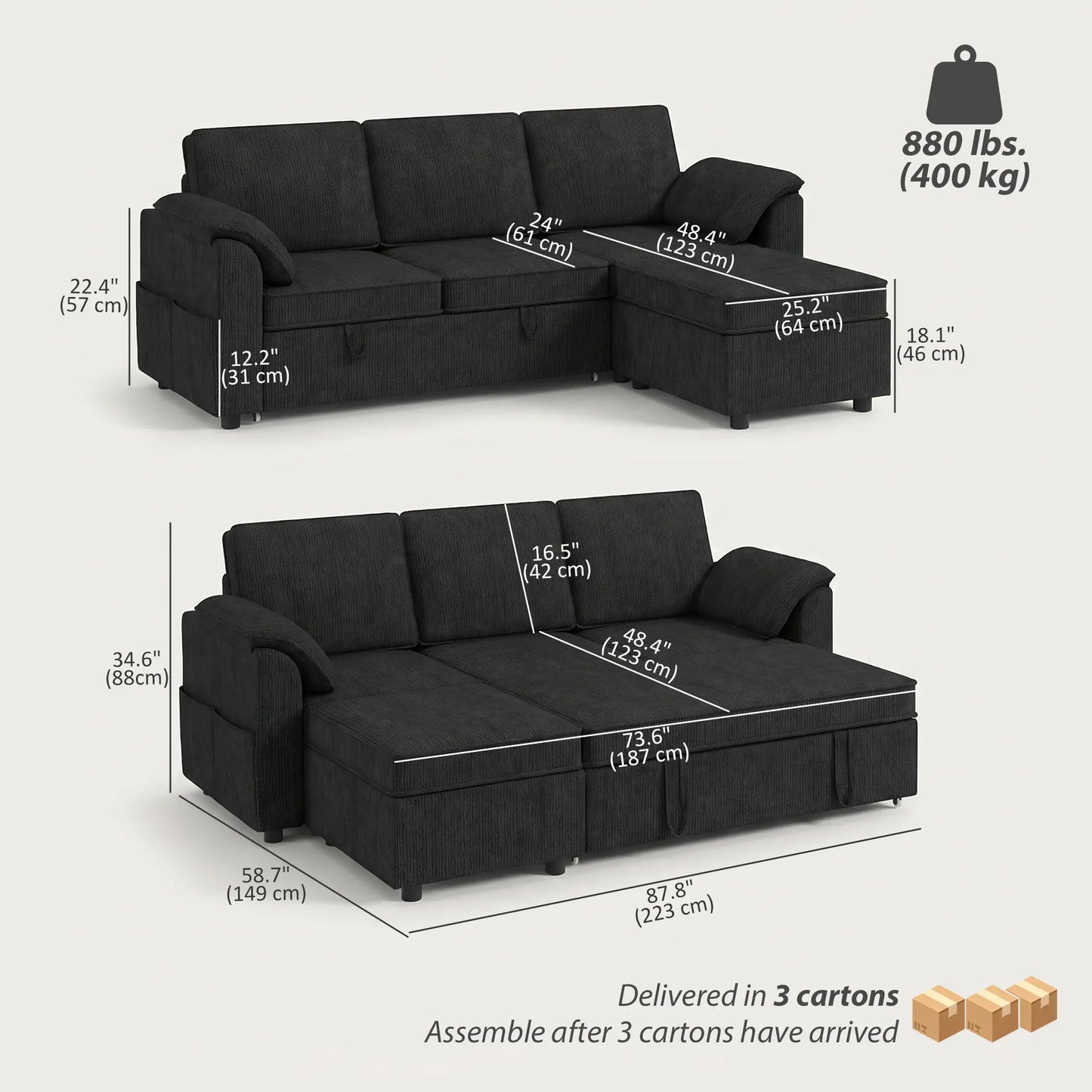 Reversible Sectional Sofa Bed With Storage Ottoman, Black Sofas & Reclining Chairs at Gallery Canada