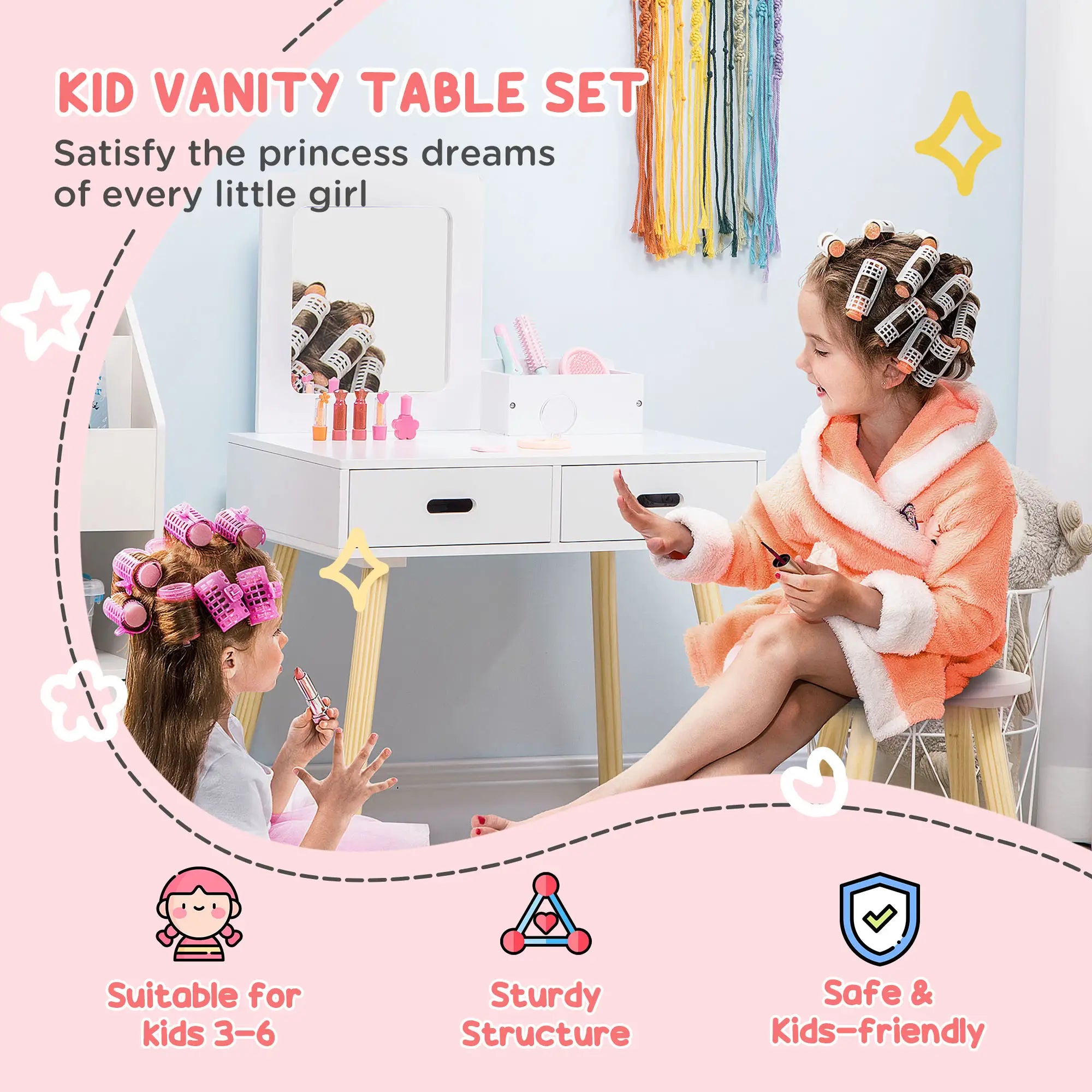 Kids Vanity Set With Mirror, Stool, Drawers, White Kids Bedroom Furniture at Gallery Canada