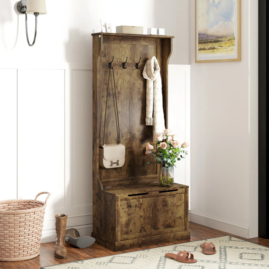 Hall Tree With Coat Rack, Shelf, Shoe Storage, Bench Seat, 4 Hooks, Rustic Brown Clothing Storage Rustic Brown at Gallery Canada
