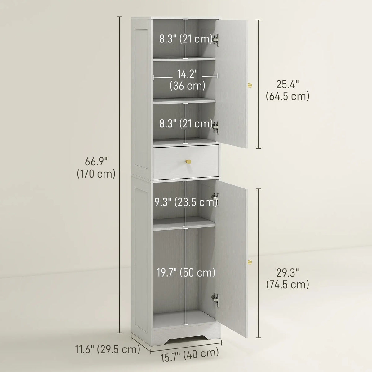 67" Tall Bathroom Cabinet, 2 Doors, Drawer, Adjustable Shelf, Wood Grain, White Bathroom Cabinets at Gallery Canada