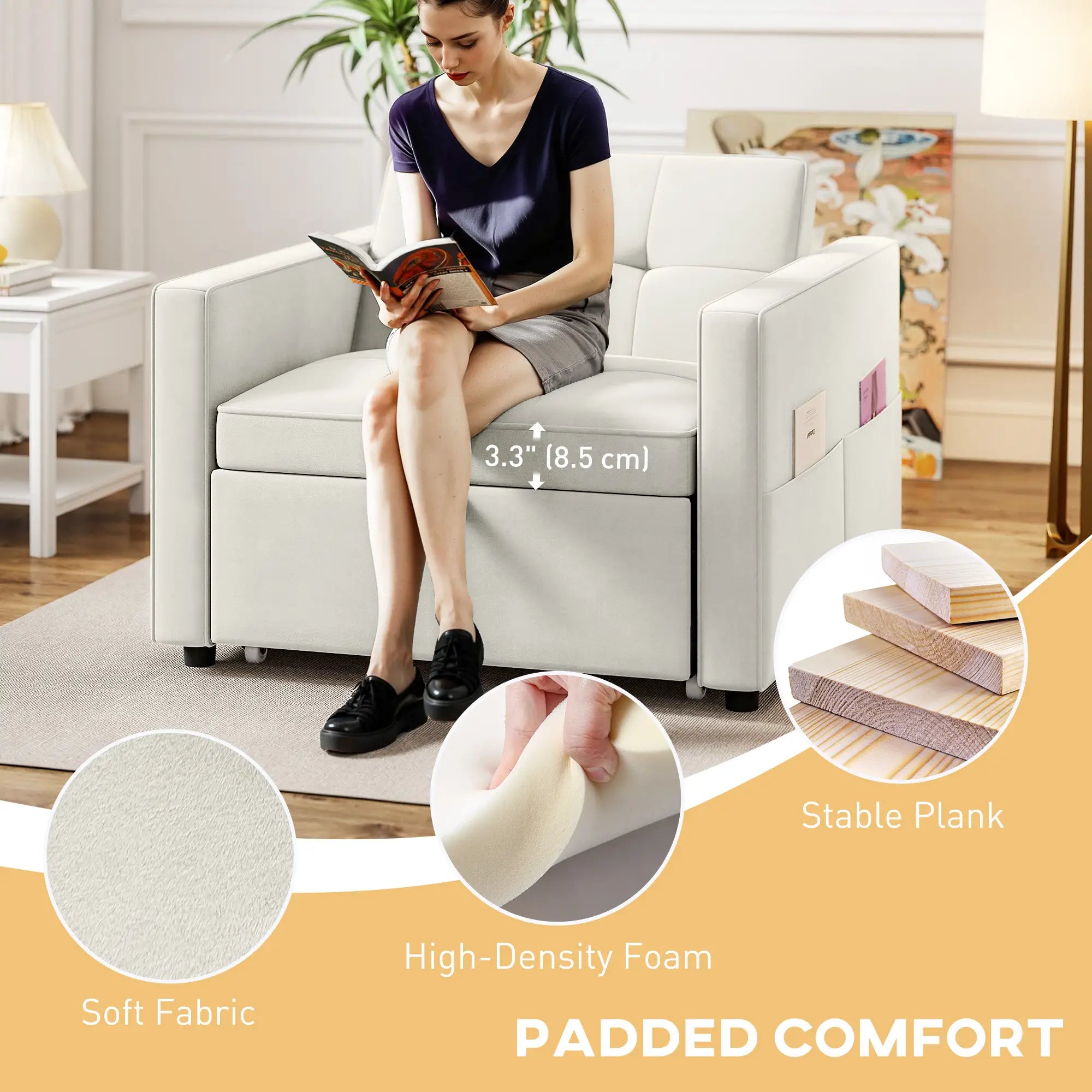 Convertible Chair Bed, Pull Out Sleeper with USB, Adjustable Backrest, Velvet Futon, Cream White Single Sofas at Gallery Canada