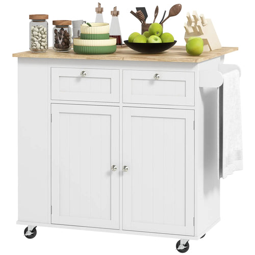 Kitchen Island with Power Outlet, Drop Leaf, 2 Drawers, White