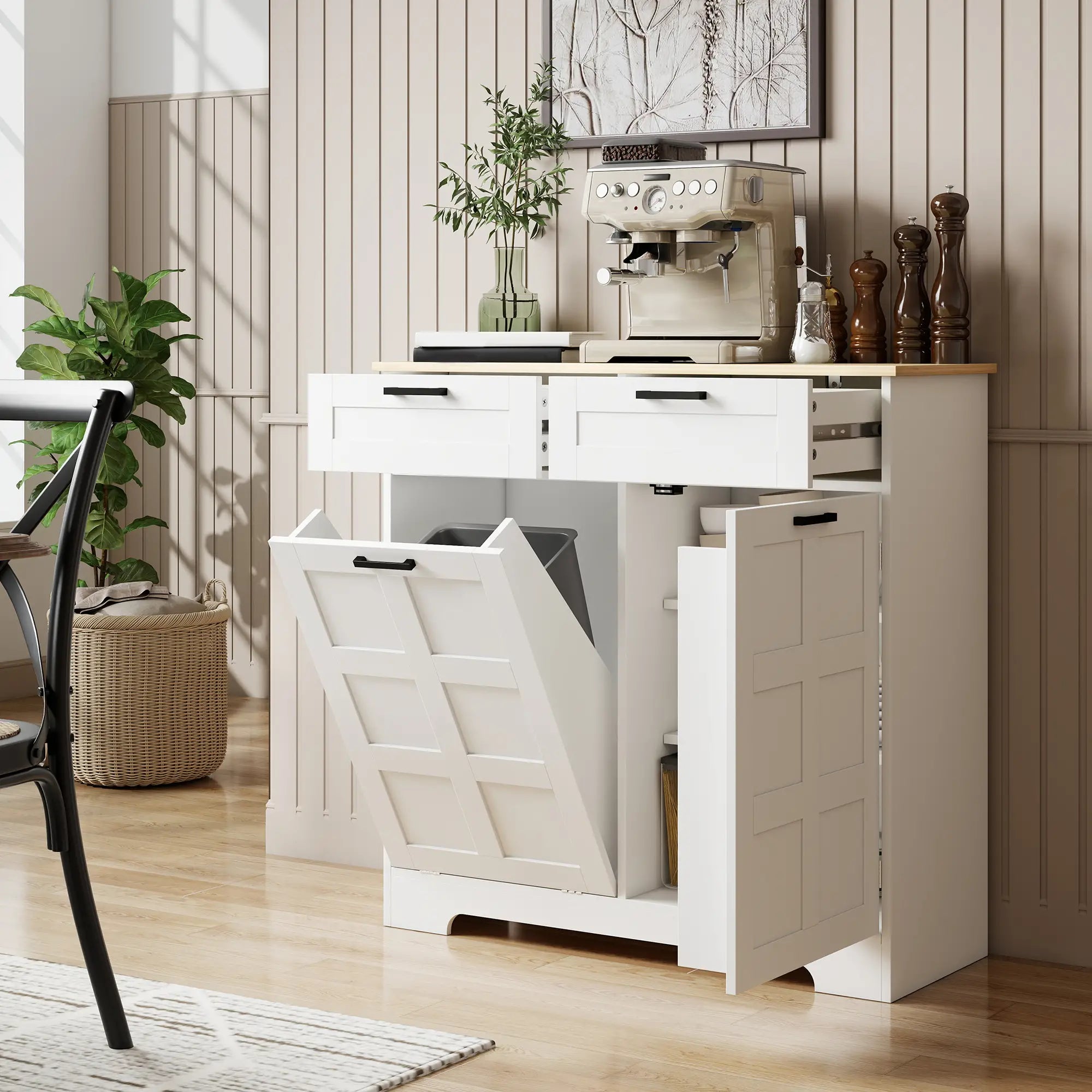 7 Gallon Tilt Out Garbage Cabinet, Kitchen Island, 2 Drawers, White Bar Cabinets at Gallery Canada