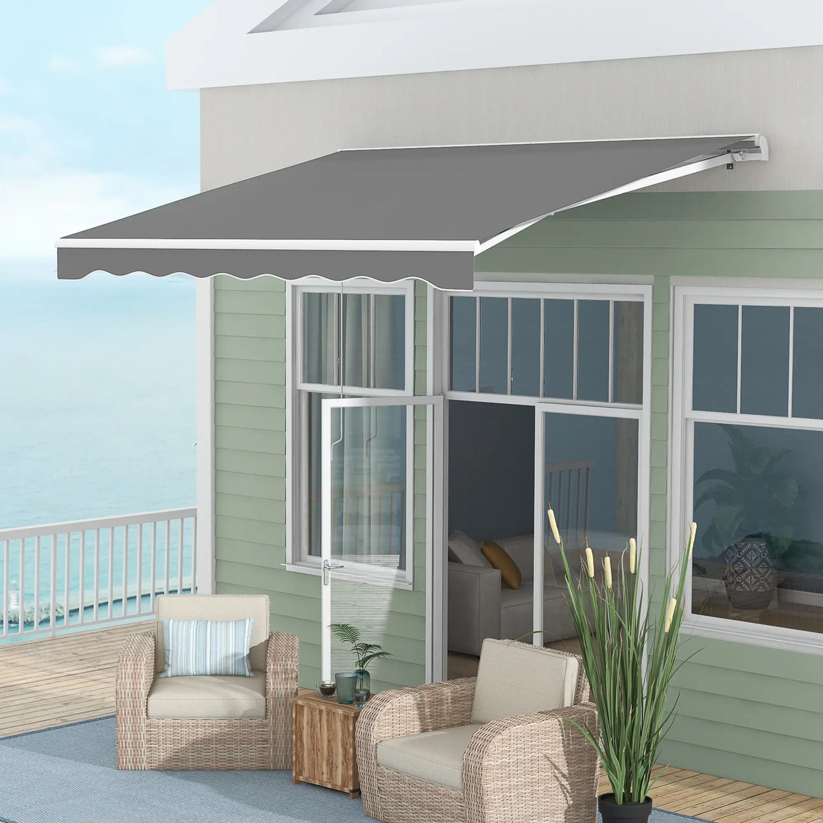 10'x8' Retractable Awning, Remote, Crank Handle, Aluminum Frame, Light Grey Deck Awnings at Gallery Canada