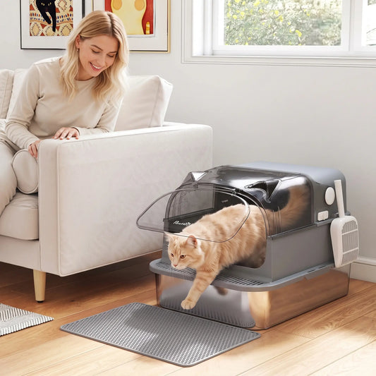 XXL Stainless Steel Cat Litter Box, Flip Lid, Mat, Scoop Cat Litter Box Enclosures Grey at Gallery Canada