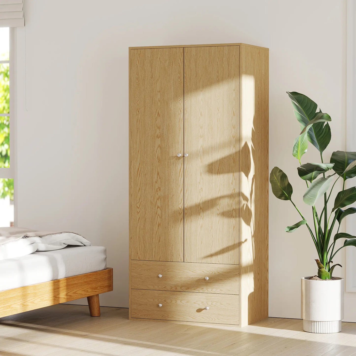Modern Wardrobe Closet, 2 Drawers, Hanging Rod, Natural Wood Clothing Storage at Gallery Canada