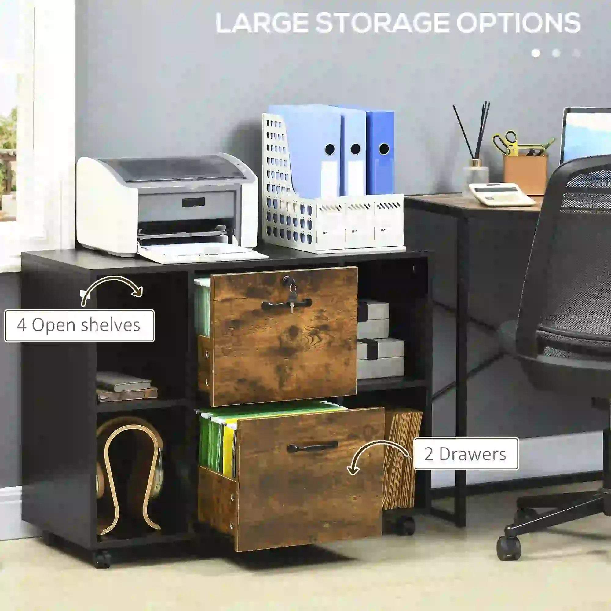 Lateral Filing Cabinet with Wheels, Lockable Drawer, Open Shelves, Rustic Brown Office Cabinets & Cupboards at Gallery Canada