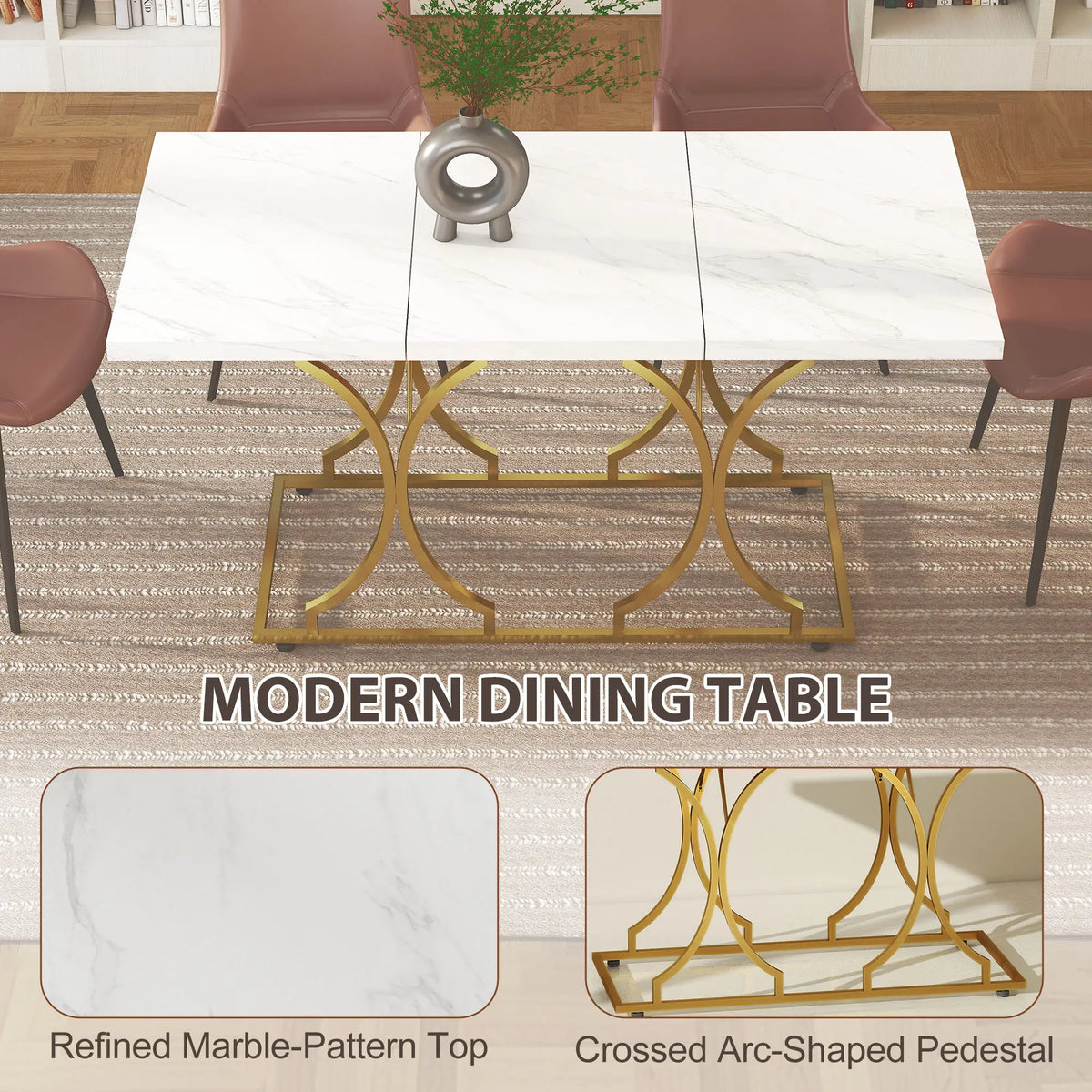 59-Inch Dining Table for 6, Modern Marble-Pattern, White Dining Tables at Gallery Canada