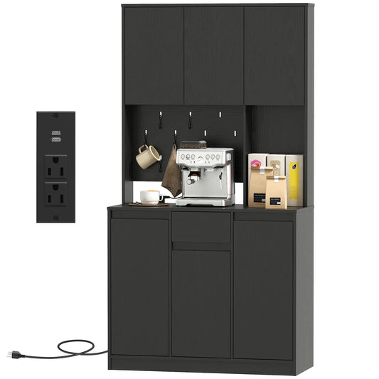 71 Inch Pantry Cabinet with Charging Station, Microwave Stand, Black Kitchen Pantry Cabinets Black at Gallery Canada