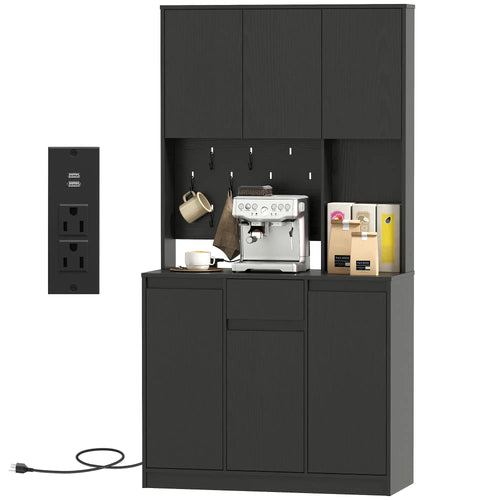 71 Inch Pantry Cabinet with Charging Station, Microwave Stand, Black