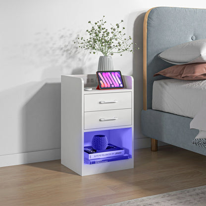 Tall Nightstand with Charging Station and LED Lights, Small Bedside Table with AC Outlets, USB Ports, 2 Drawers, Shelf Bedside Tables at Gallery Canada