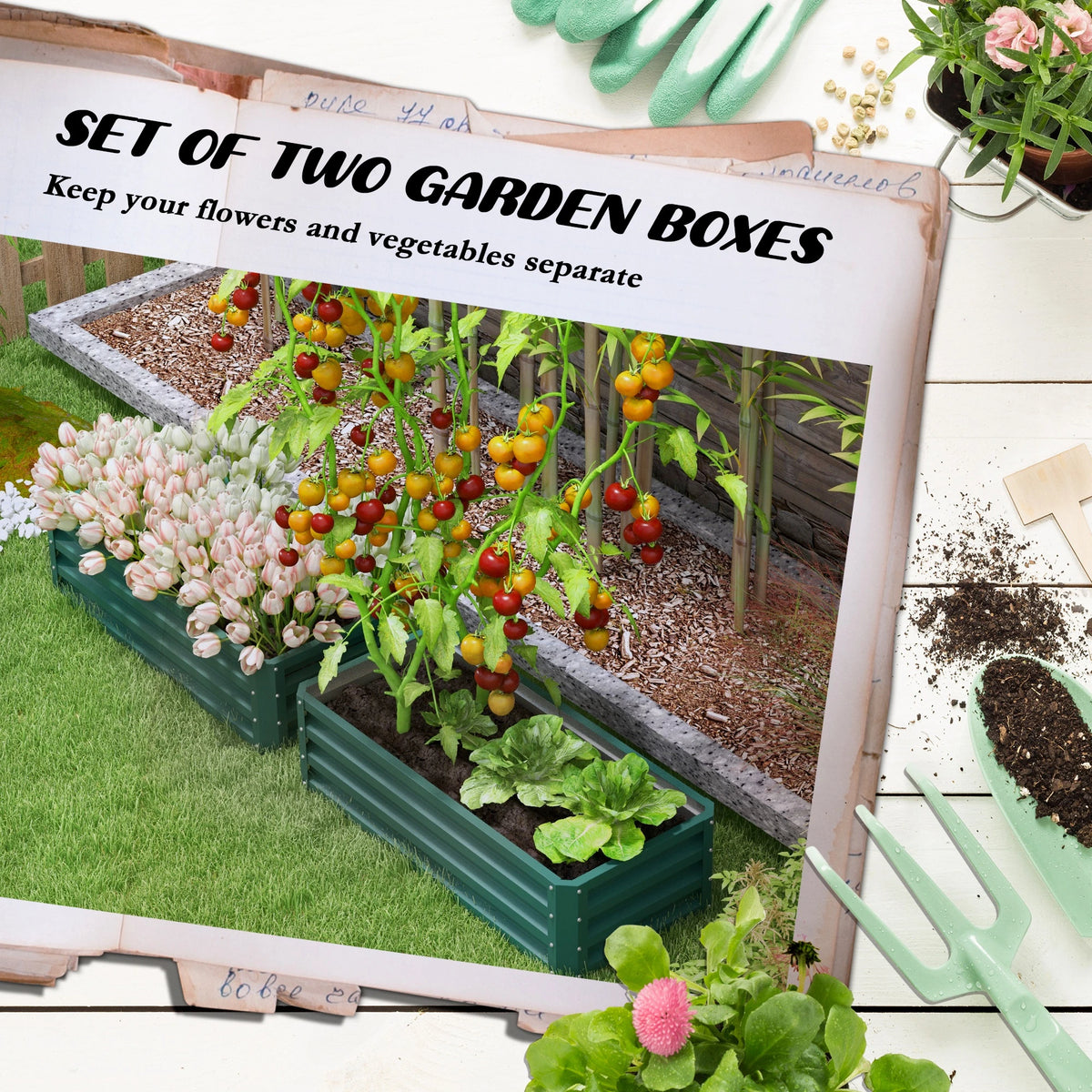 Galvanized Raised Garden Beds, Set of 2, Outdoor Planter Box, Green