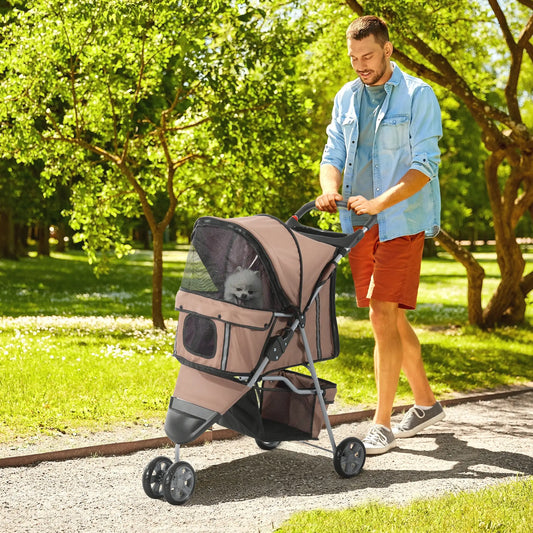 3 Wheel Foldable Cat Stroller, Storage Basket, Adjustable Canopy, Coffee Dog Bike Trailers & Strollers Coffee at Gallery Canada