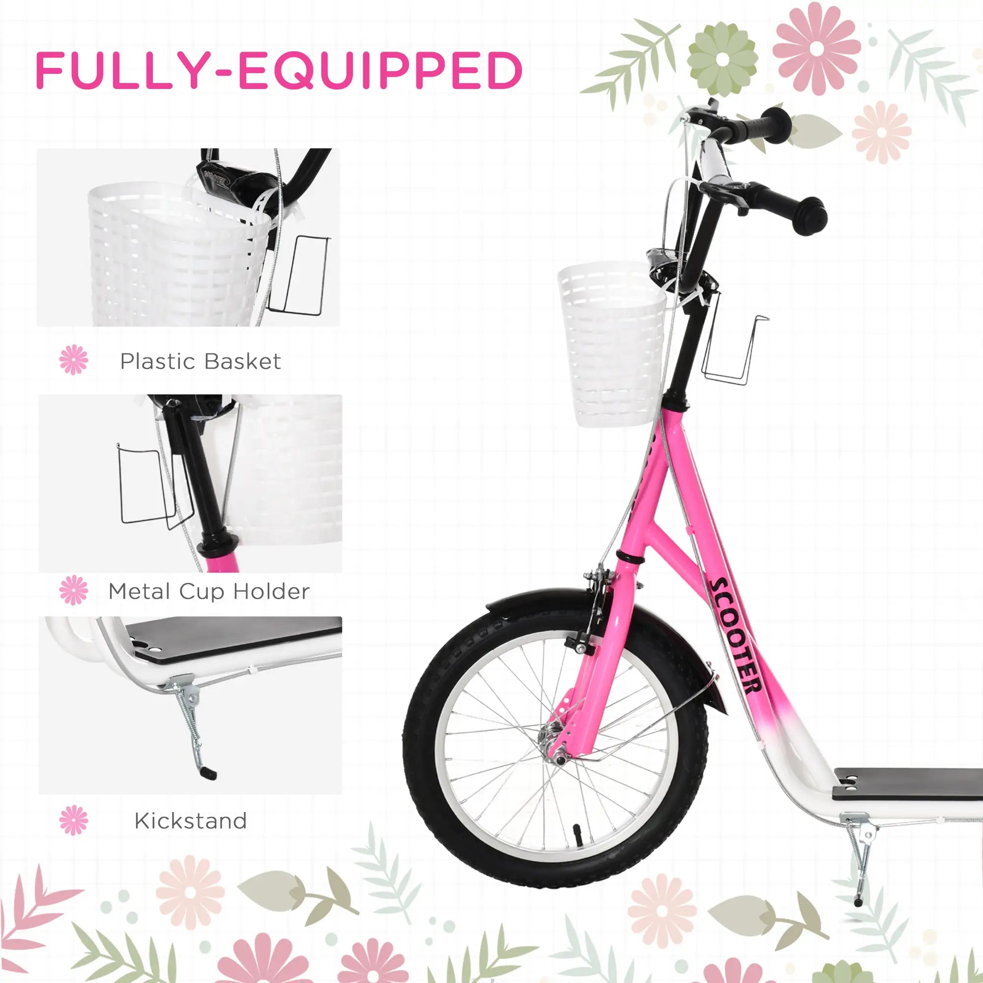 Kids Kick Scooter, Adjustable Handlebar, 2 Brakes, Basket, 16