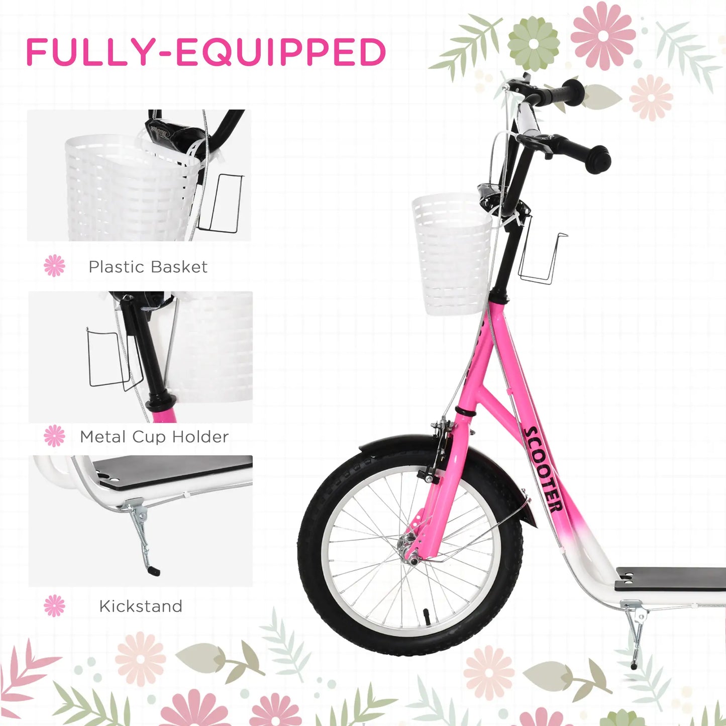 Kids Kick Scooter, Adjustable Handlebar, 2 Brakes, Basket, 16", Pink Scooters at Gallery Canada