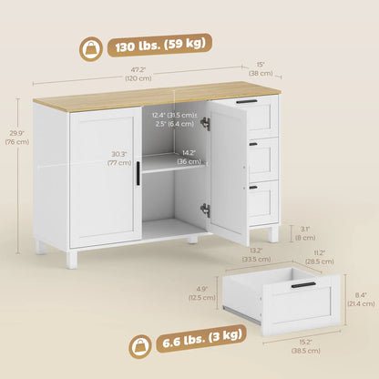 Buffet Cabinet with Soft Close Doors, Modern Sideboard with 3 Drawers, White Bar Cabinets at Gallery Canada