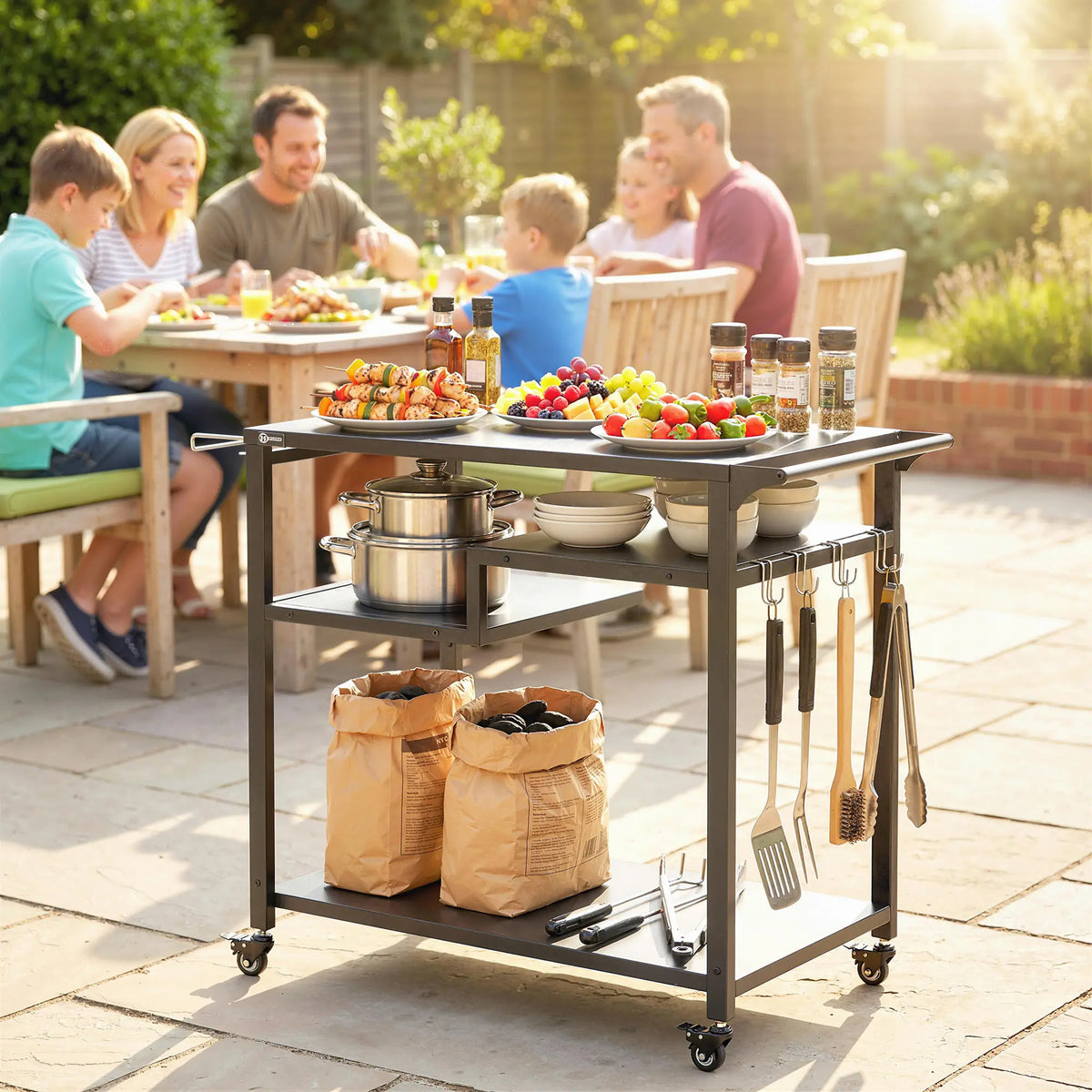Outdoor Grill Cart, Three-Shelf Pizza Oven Stand With Hooks, Wheels, Black