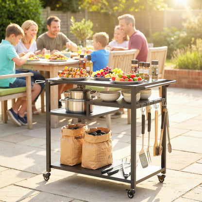 Outdoor Grill Cart, Three-Shelf Pizza Oven Stand With Hooks, Wheels, Black