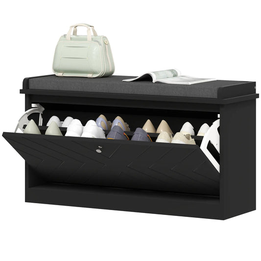 Shoe Storage Bench with Seat, Flip Drawer, Adjustable Shelf, Holds 8 Pairs Shoe Storage Cabinets & Racks Black at Gallery Canada