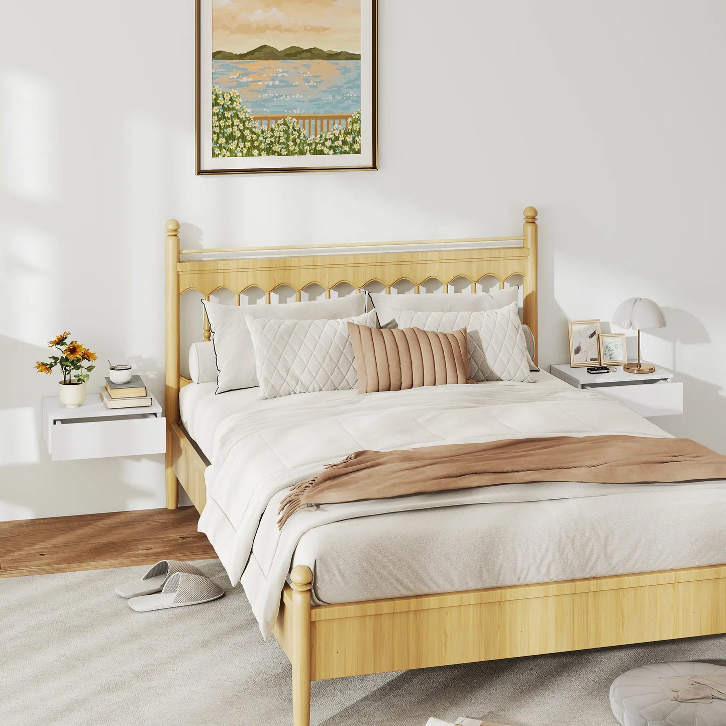 Set of 2 Wall Mounted Bedside Tables, High Gloss Floating Nightstands with Drawer, White Bedside Tables at Gallery Canada