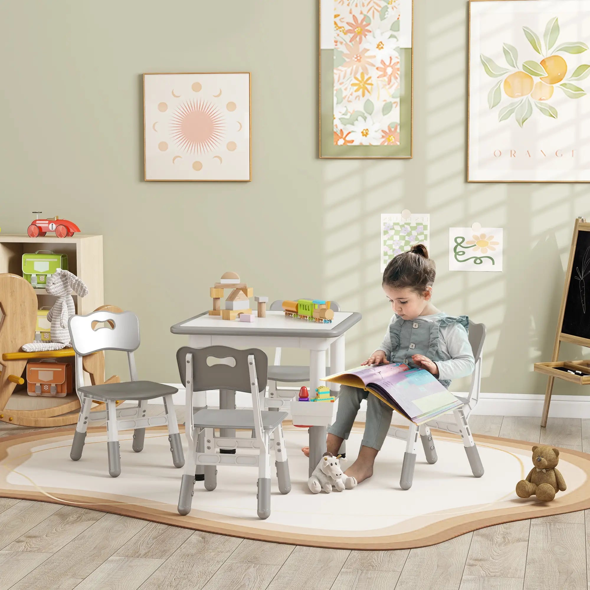 5 Pcs Toddler Table and Chair Set, Adjustable Height, Grey Kids Table Sets at Gallery Canada