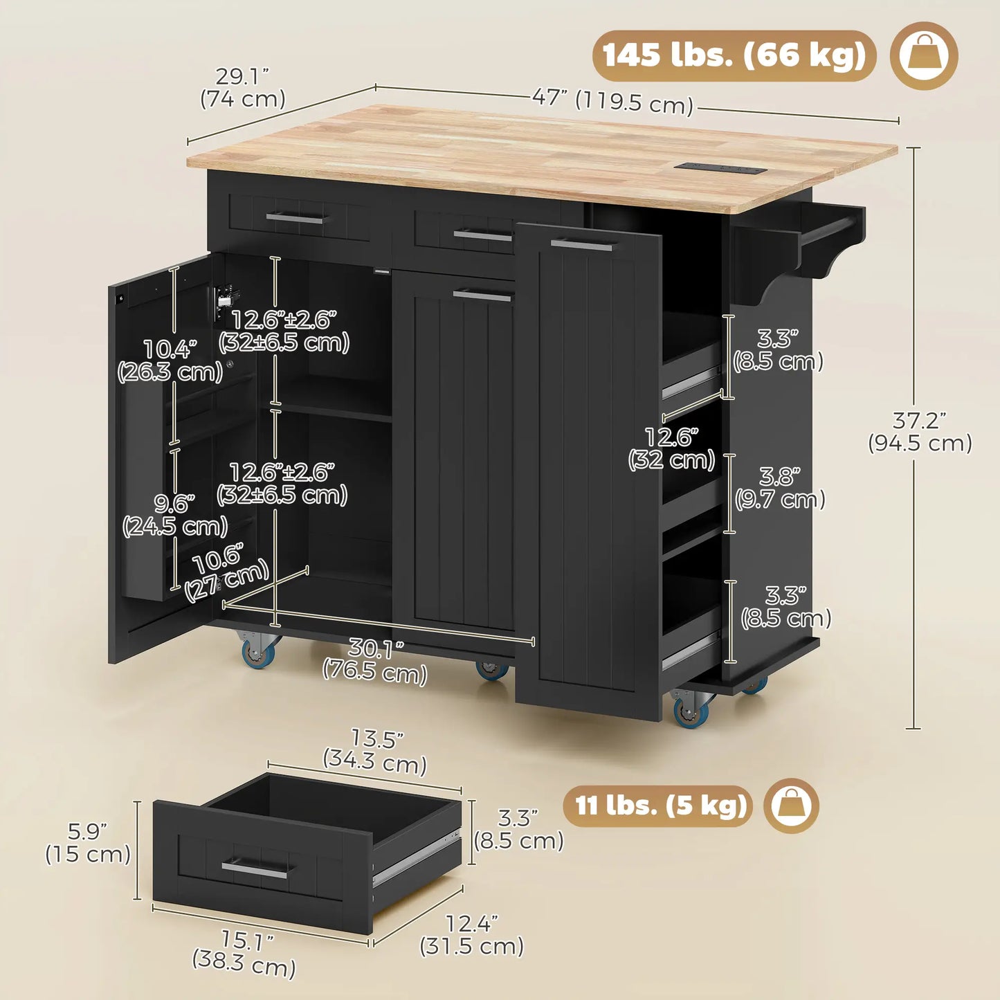 Rolling Kitchen Island With Drop Leaf, Charging Station, Black Kitchen Islands & Kitchen Carts at Gallery Canada