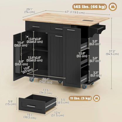 Rolling Kitchen Island With Drop Leaf, Charging Station, Black Kitchen Islands & Kitchen Carts at Gallery Canada