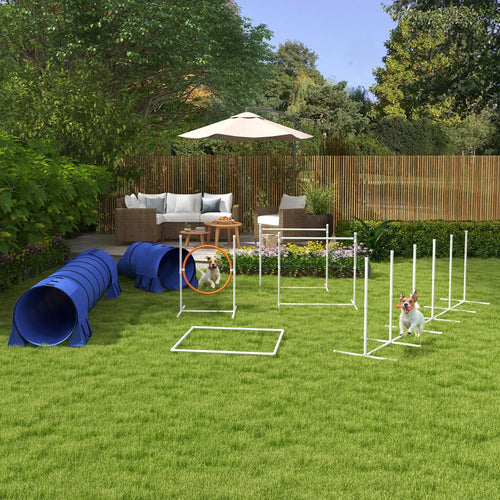 7 Pcs Dog Agility Kit, Tunnels, Weave Poles, Adjustable Hurdles, Blue
