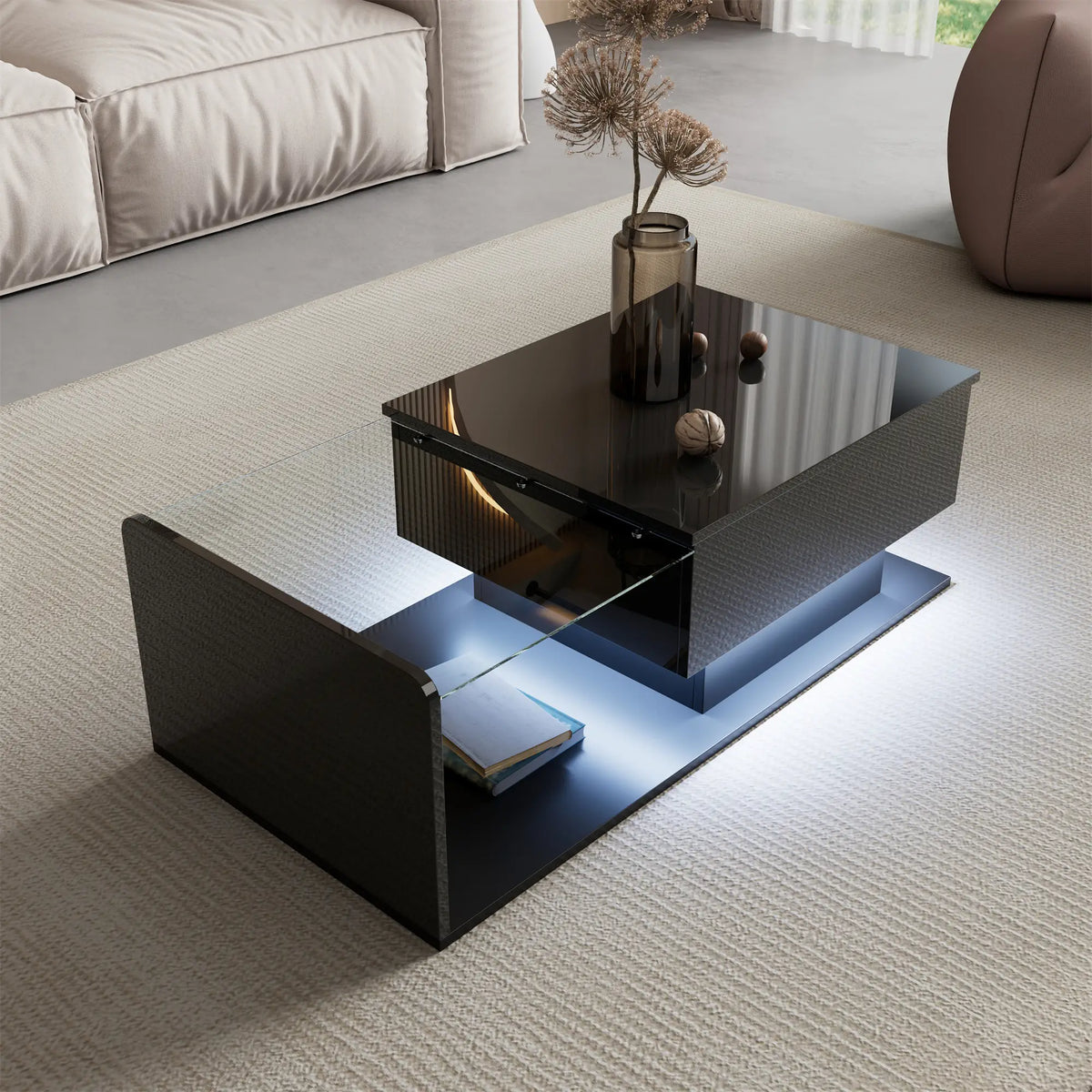 Coffee Table, Tempered Glass Top, LED Light, Adjustable Height, 39.5" L x 19.5" W x 13" H, Black Coffee Tables at Gallery Canada