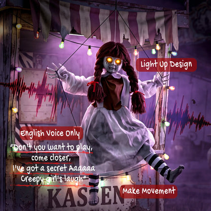 Halloween Animated Creepy Girl Swing, Light-Up Eyes, Sound