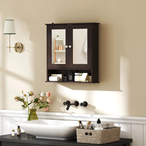 Wall-Mounted Medicine Cabinet, Double Doors, Open Shelf, Adjustable, Dark Brown