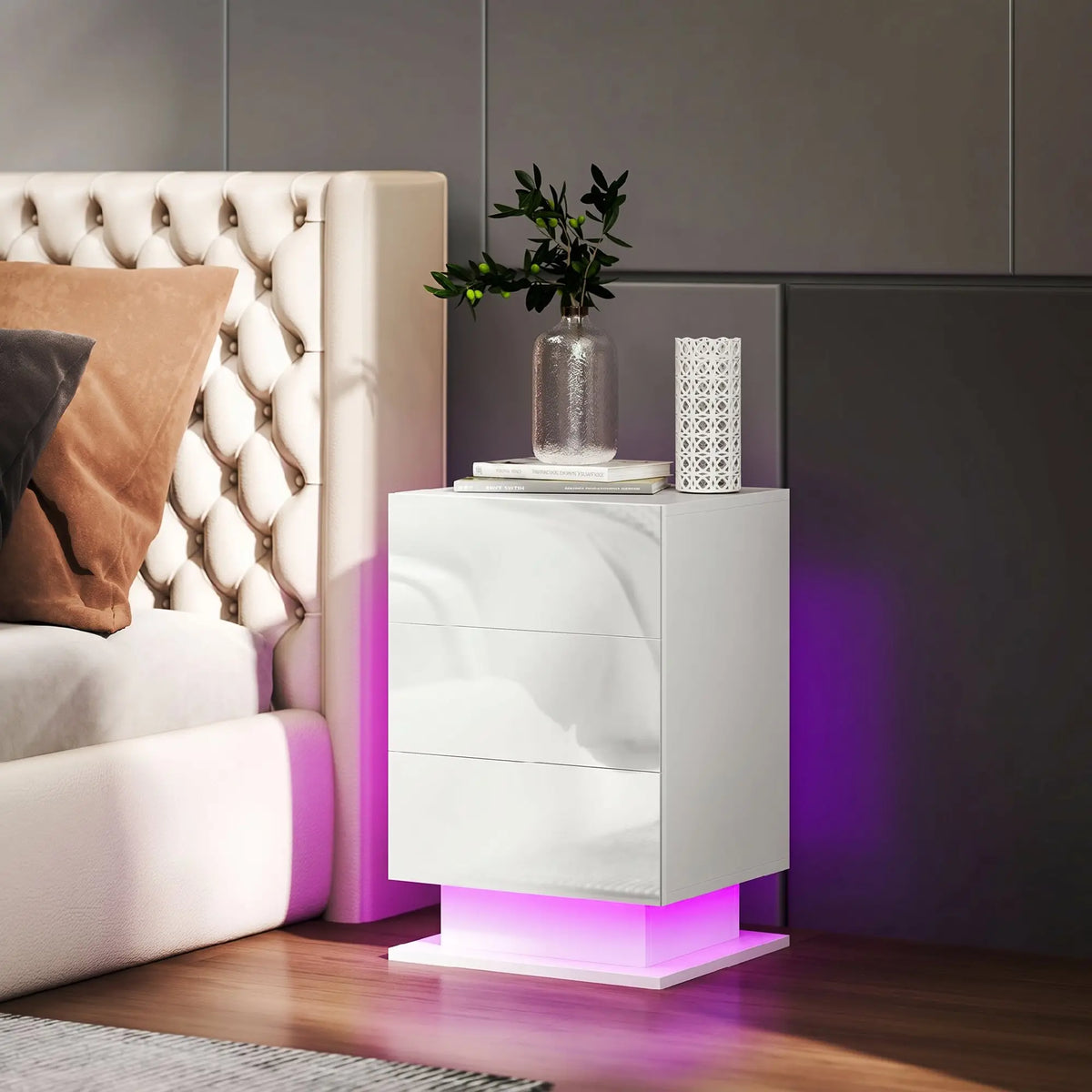 LED Nightstand with 3 Drawers, APP Control, White Bedside Tables at Gallery Canada