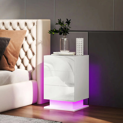 LED Nightstand with 3 Drawers, APP Control, White Bedside Tables at Gallery Canada