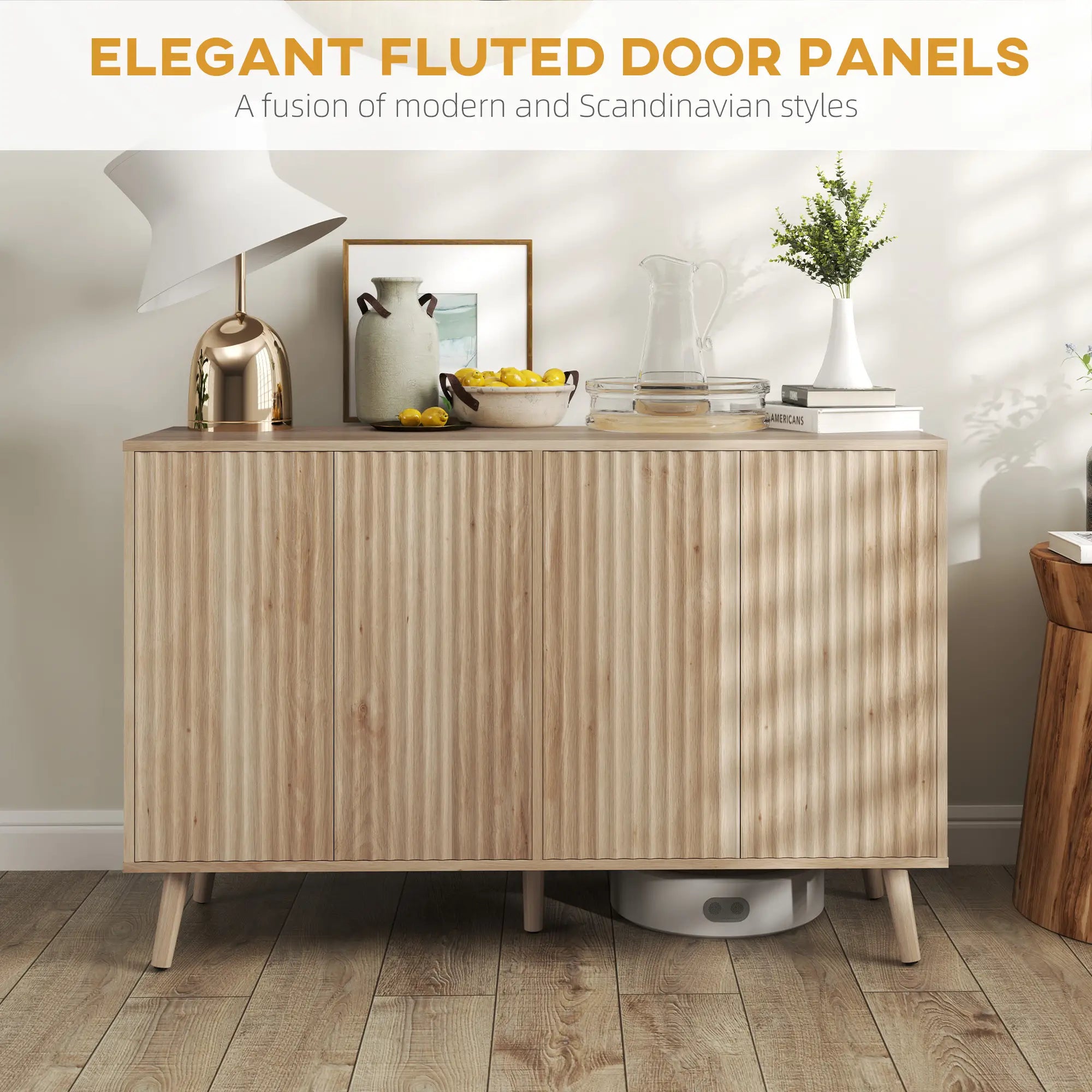 Modern Fluted Buffet Cabinet, Adjustable Shelves, Wood Legs, Oak Storage Cabinets at Gallery Canada