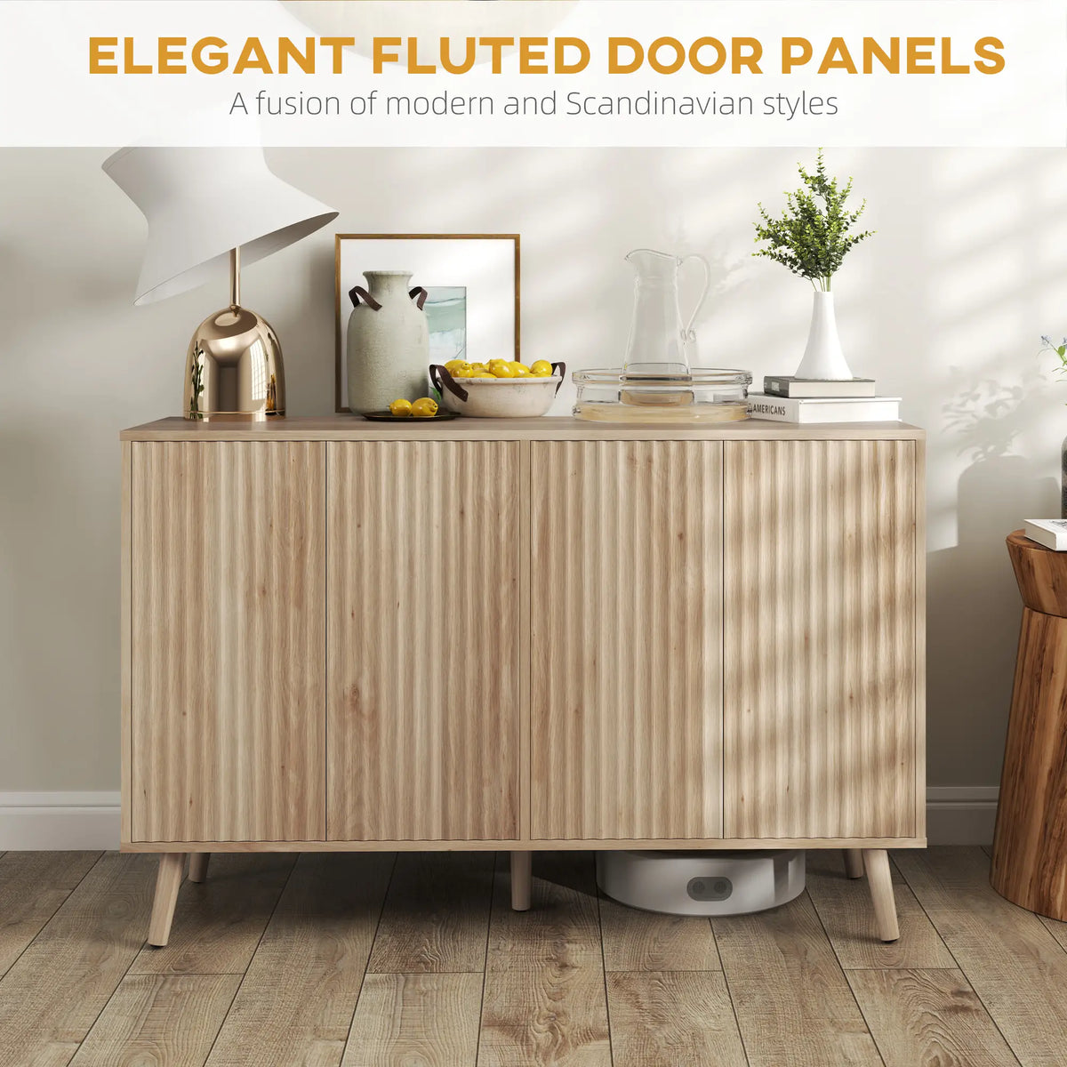 Modern Fluted Buffet Cabinet, Adjustable Shelves, Wood Legs, Oak Storage Cabinets at Gallery Canada