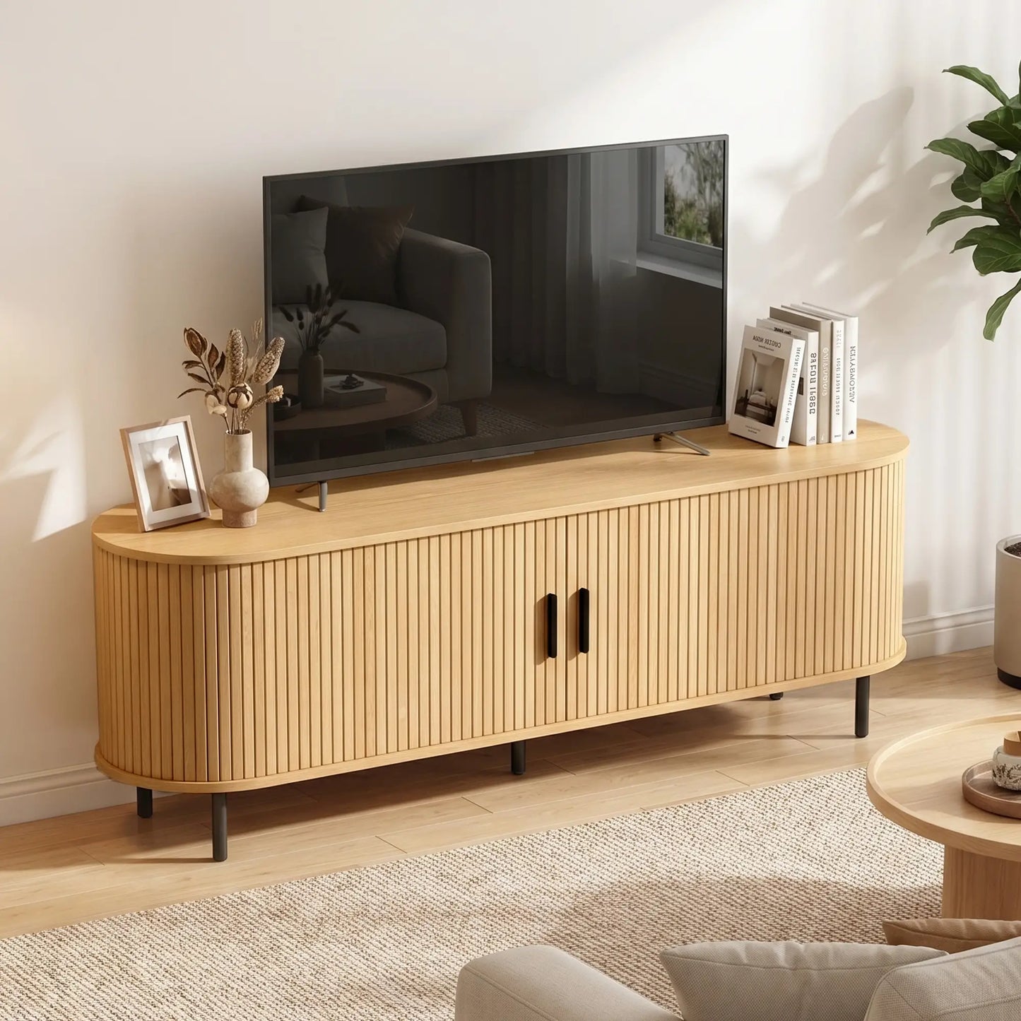 TV Stand for TVs up to 60", Modern Entertainment Center with Curved Sliding Doors, Natural Wood TV Stands at Gallery Canada