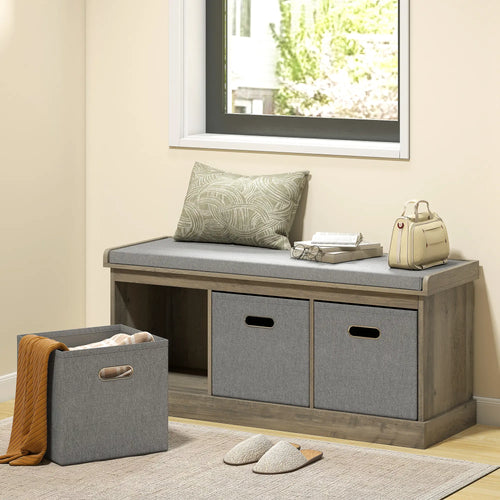 Shoe Storage Bench with Seat, 3 Fabric Drawers, Washed Grey