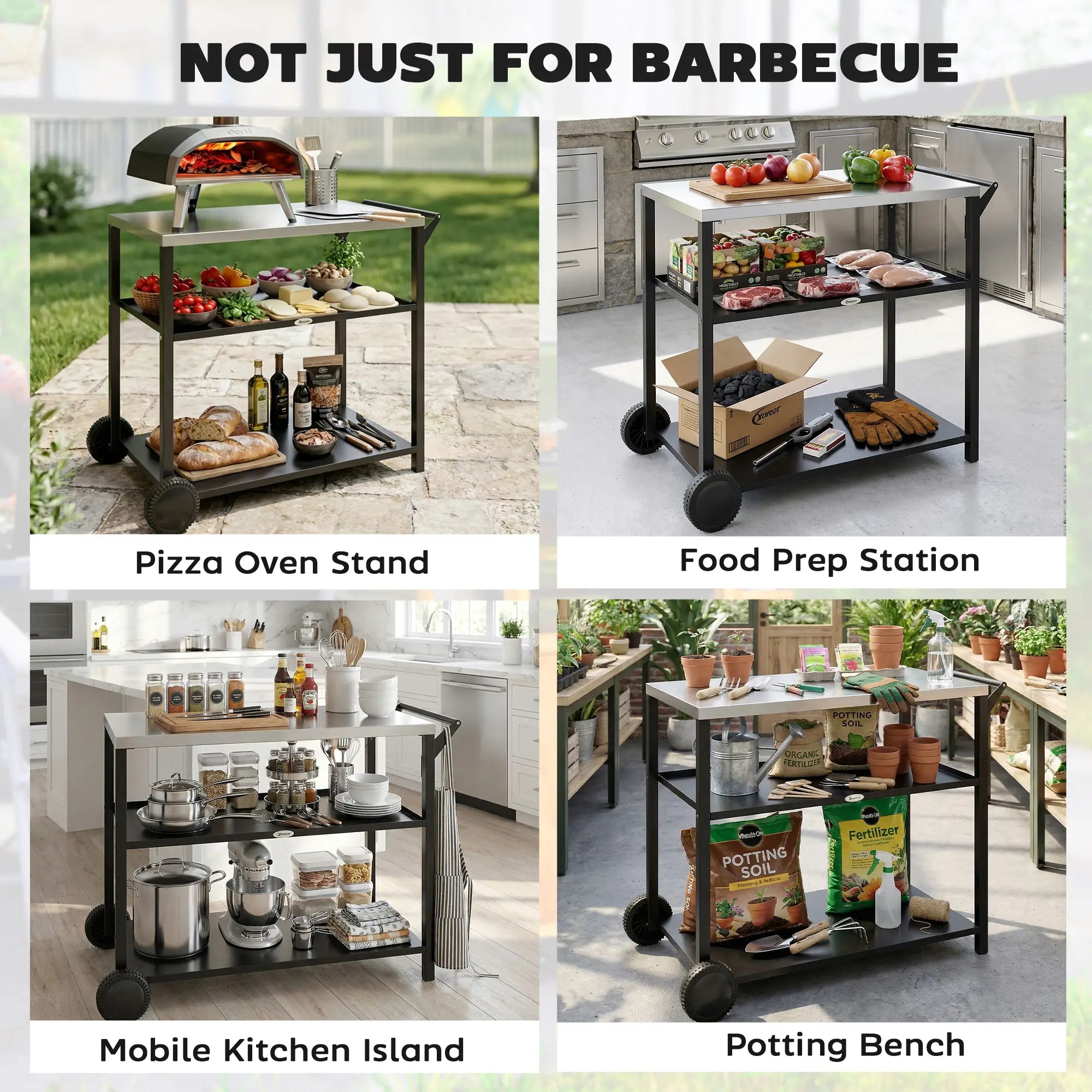 Outdoor Grill Cart, Stainless Steel Tabletop, 3-Tier BBQ Stand, Black Outdoor Grill Carts at Gallery Canada