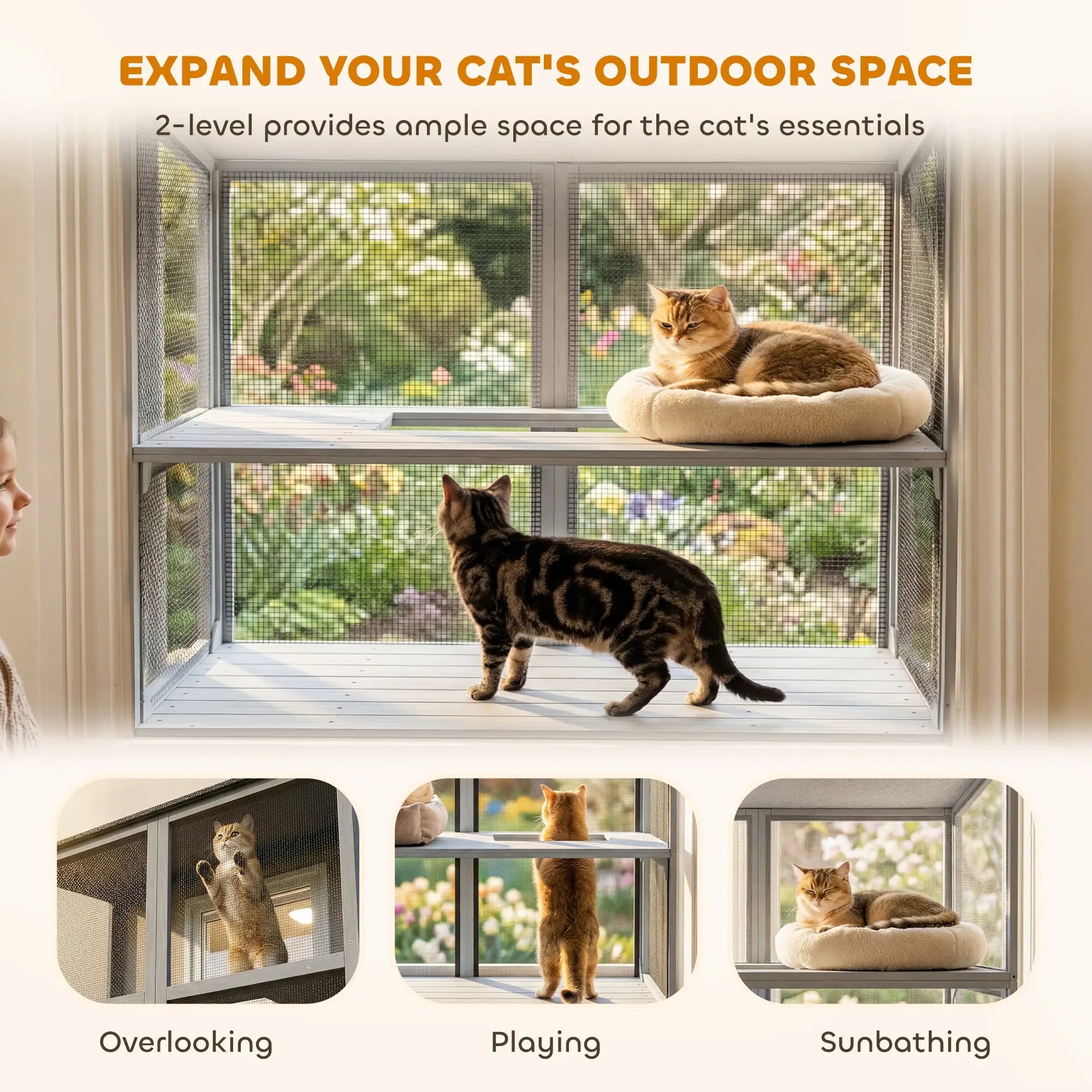 Outdoor Cat Enclosure, Wall-Mounted 2-Level Cat House, Waterproof Roof, 51.2