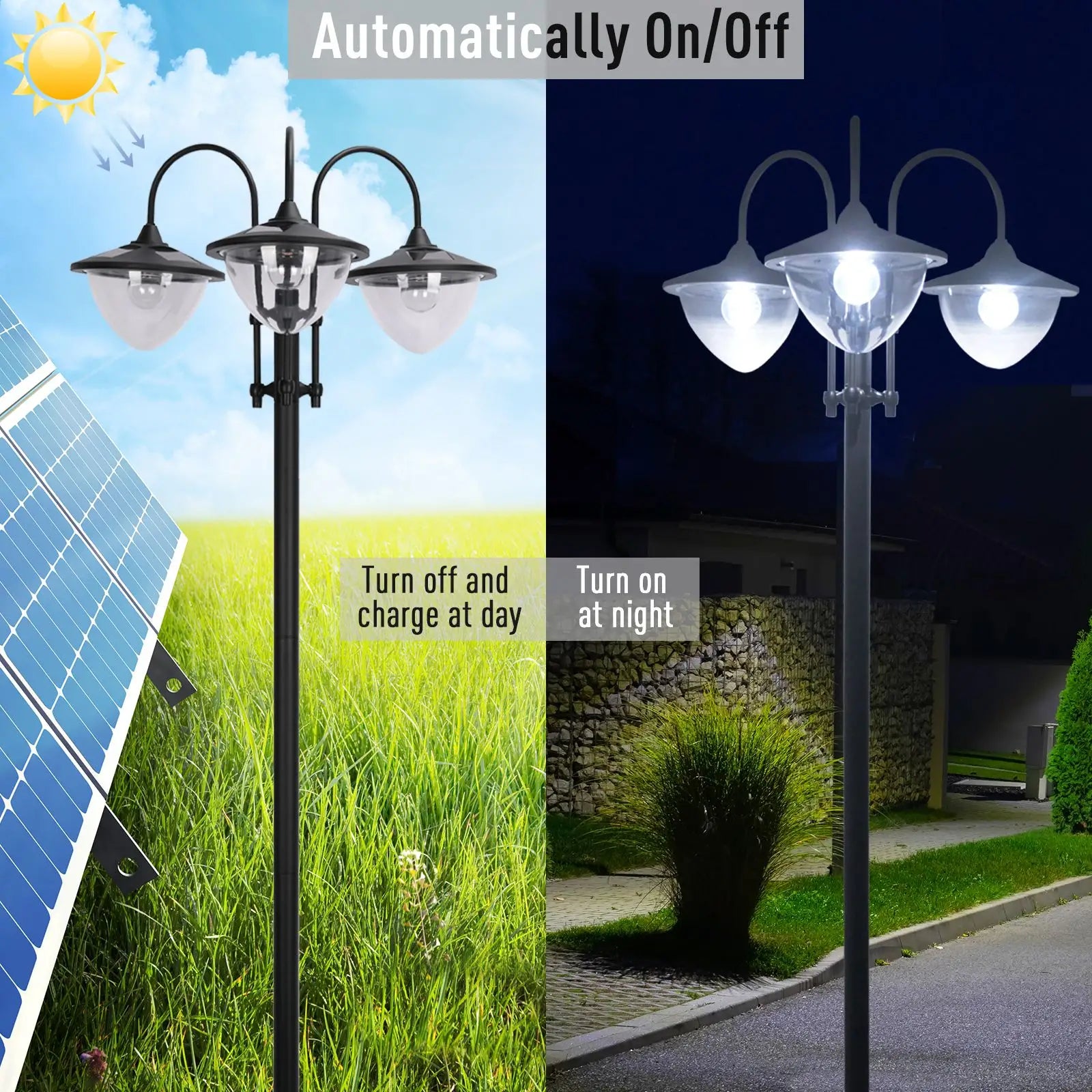 3-Head LED Solar Light, Street Light Post with Planter, Black Solar Post Lamps at Gallery Canada