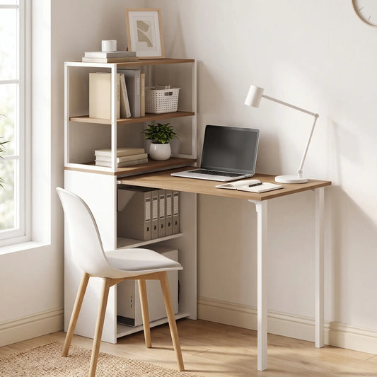 Folding Computer Desk With 4-Tier Bookshelf, Natural Computer Desks Natural, White at Gallery Canada
