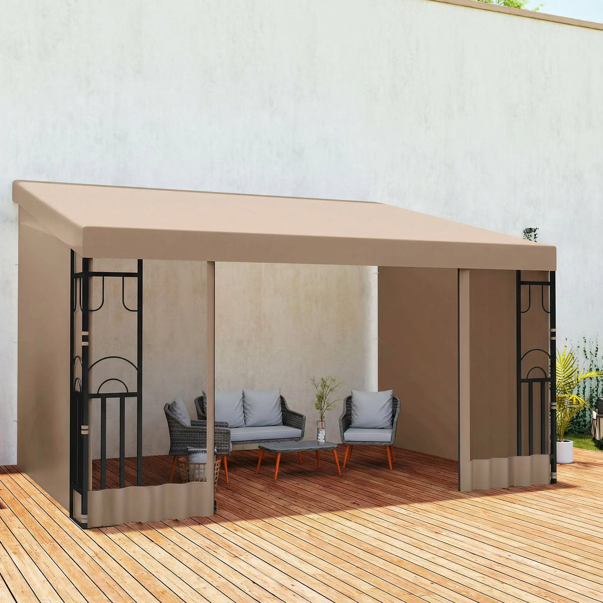 10' x 13' Wall Pergola, Outdoor Gazebo with Curtains, Nettings, Khaki
