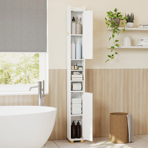 Narrow Bathroom Storage Cabinet with Open Shelves and Toilet Paper Holder, White