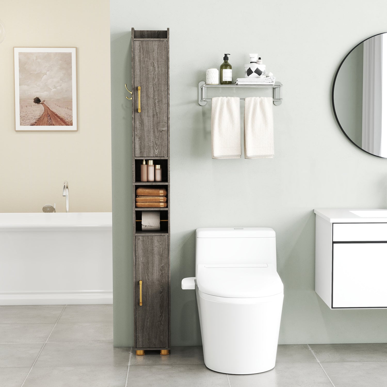 Narrow Bathroom Storage Cabinet, Open Shelves, Toilet Paper Holder, Gray Floor Cabinets at Gallery Canada