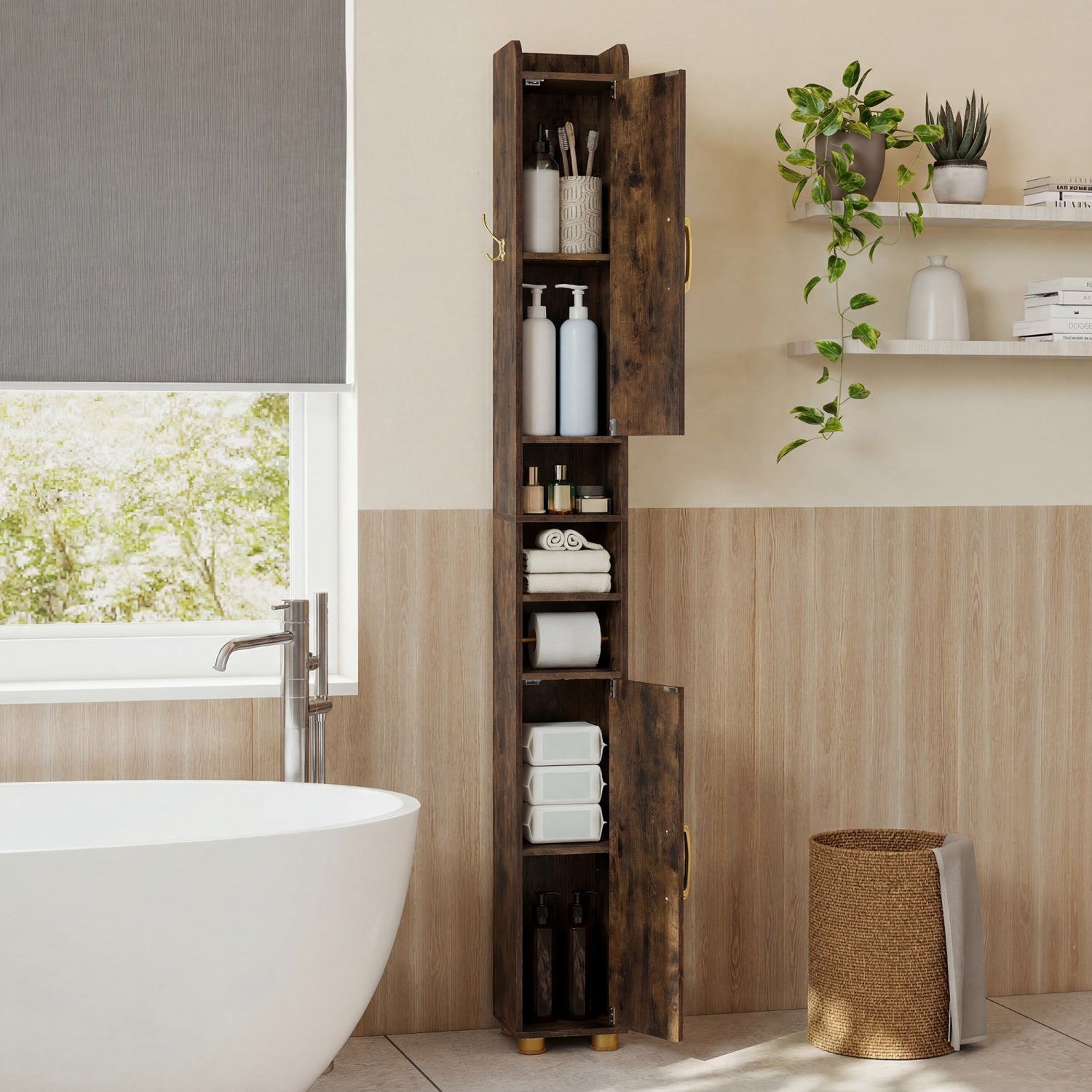 Narrow Bathroom Storage Cabinet, Open Shelves, Toilet Paper Holder Floor Cabinets at Gallery Canada