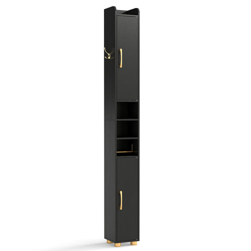 Narrow Bathroom Storage Cabinet, Open Shelves, Toilet Paper Holder, Black