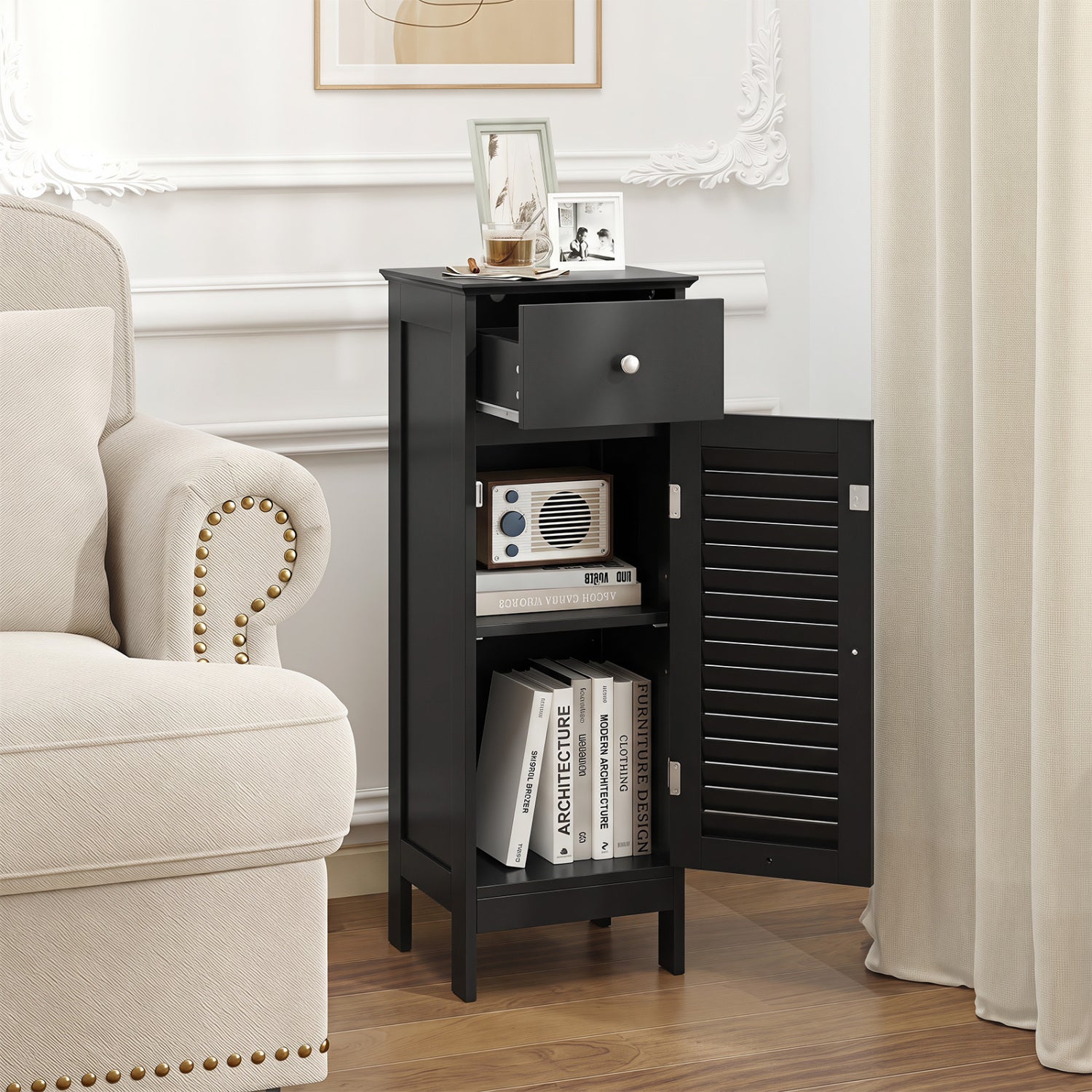 Narrow Bathroom Cabinet, Adjustable Shelf & Drawer, Black Floor Cabinets at Gallery Canada